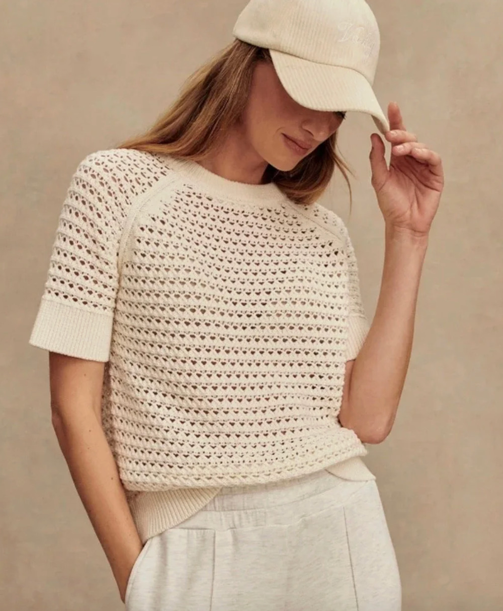 Varley Alva 100% Cotton Knit Short Sleeve Pullover Sweater Medium Egret Ivory